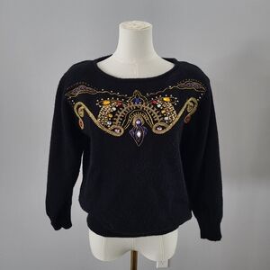 Vintage 80s Beaded Embellished Sweater Black Jeweled Glam Statement Top S